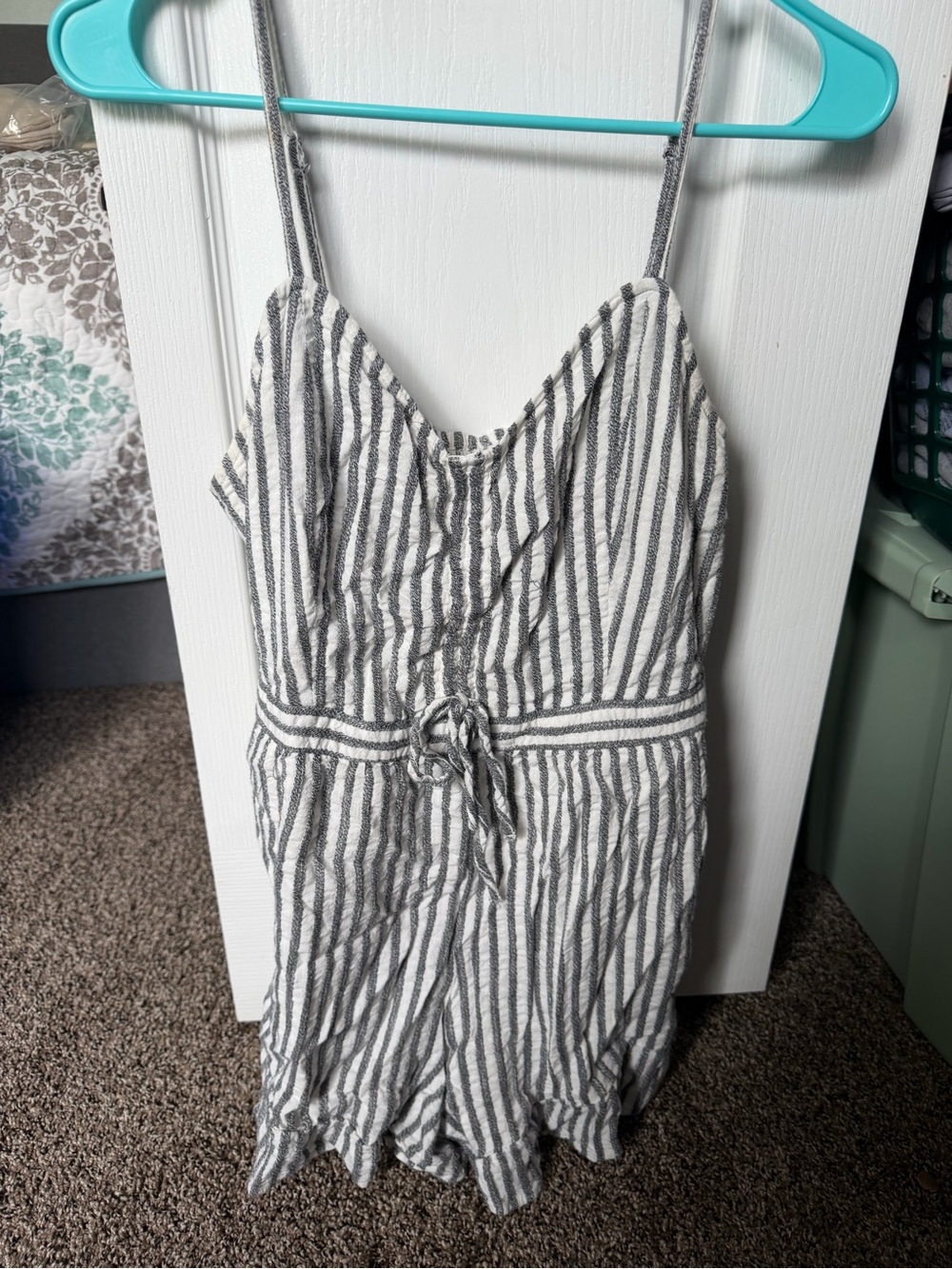 American Eagle Outfitters White & Gray Striped Romper